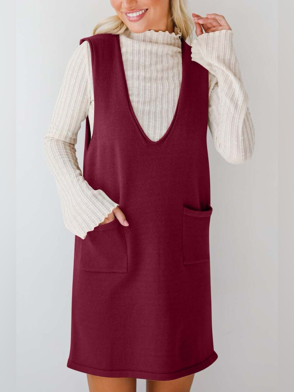 Lovelet Pocketed V-Neck Mini Sweater Overall Dress - Picture 3 of 16